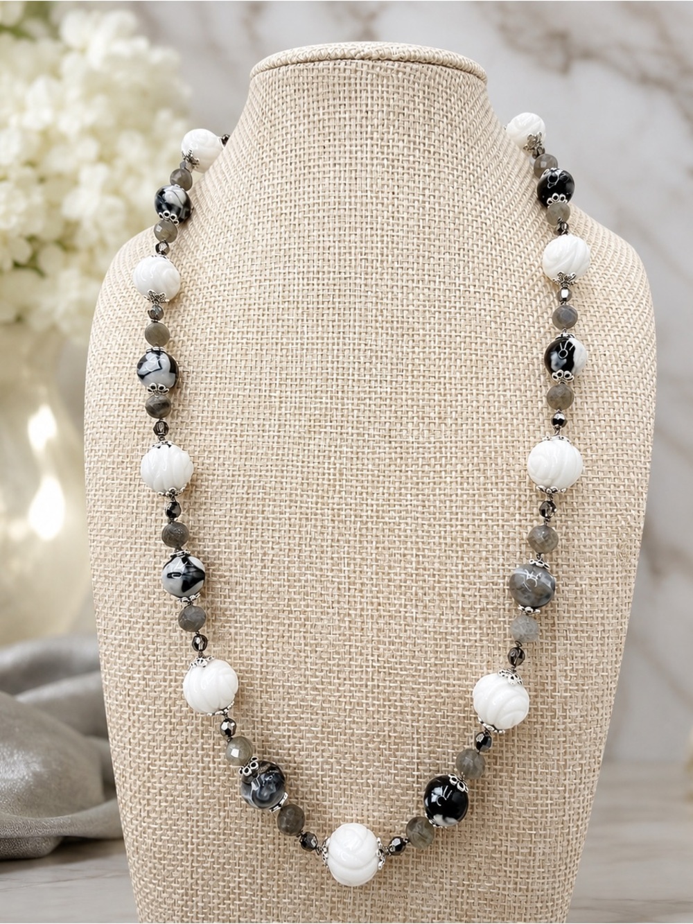 Artisan Hand Knotted White Carved Coral Agate Labradorite Sterling Necklace 21”